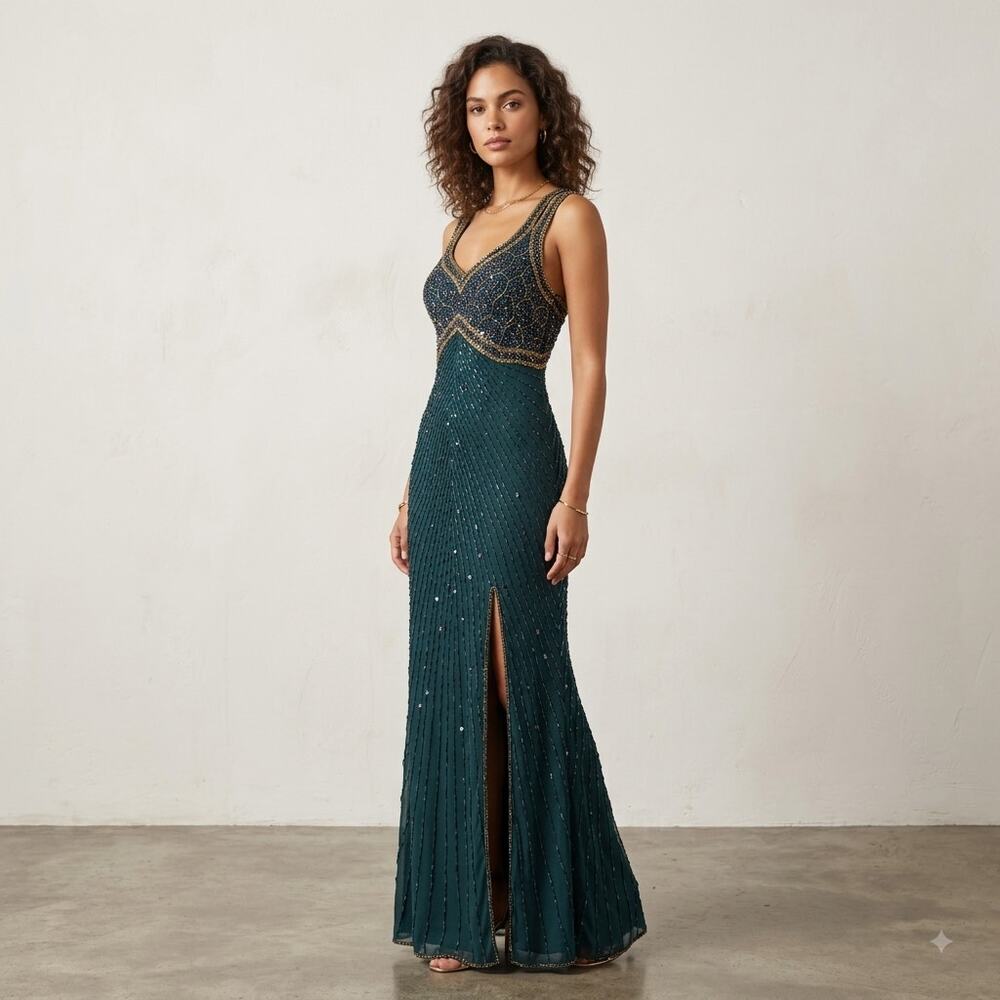 VTG 90s Emerald Green Beaded Sequin Maxi Gown ArtDeco Prom MardiGras Carnivale